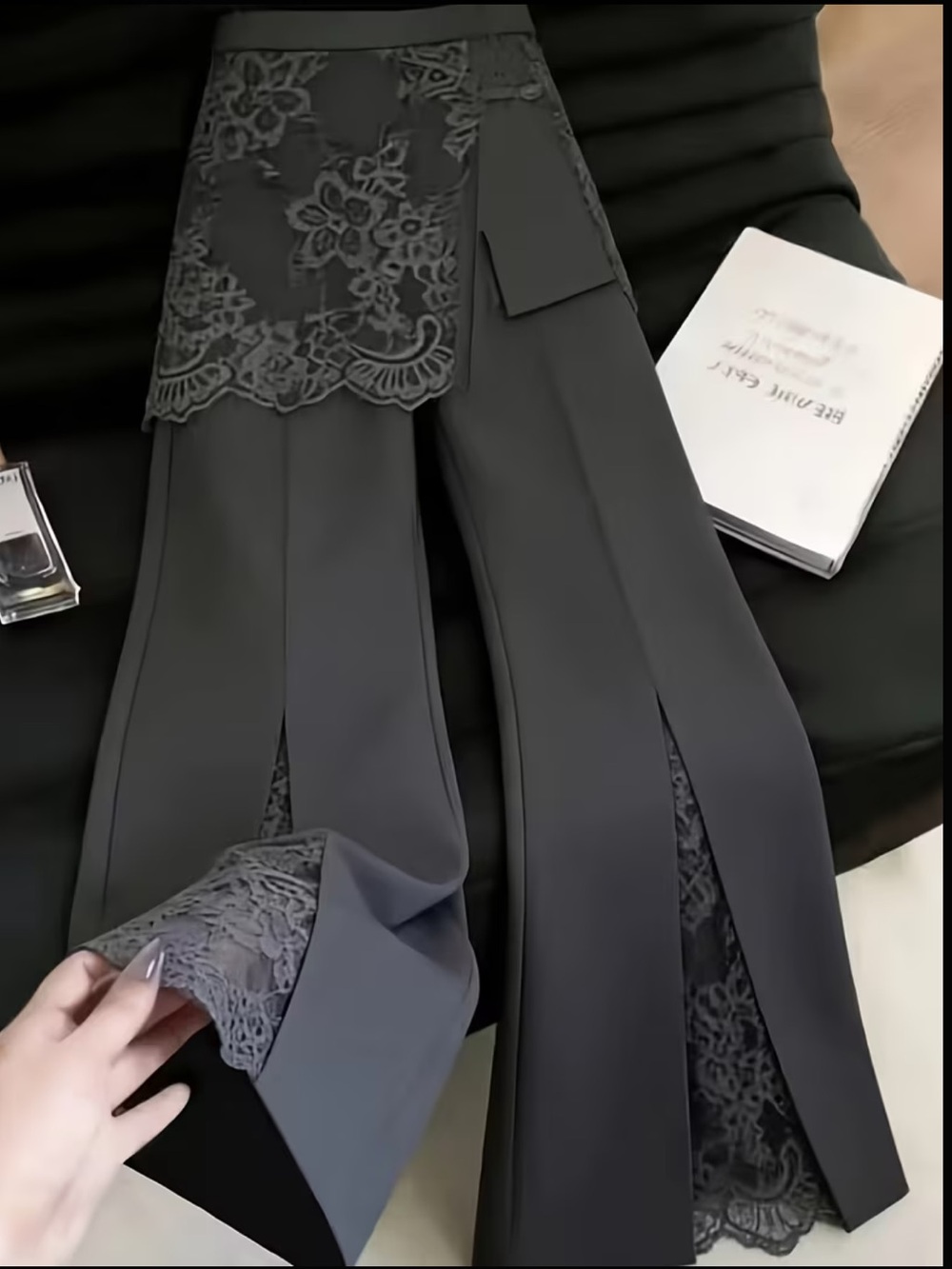 Women'S Elegant Lace Patchwork Side Slit Flare Trousers, Women'S Pants